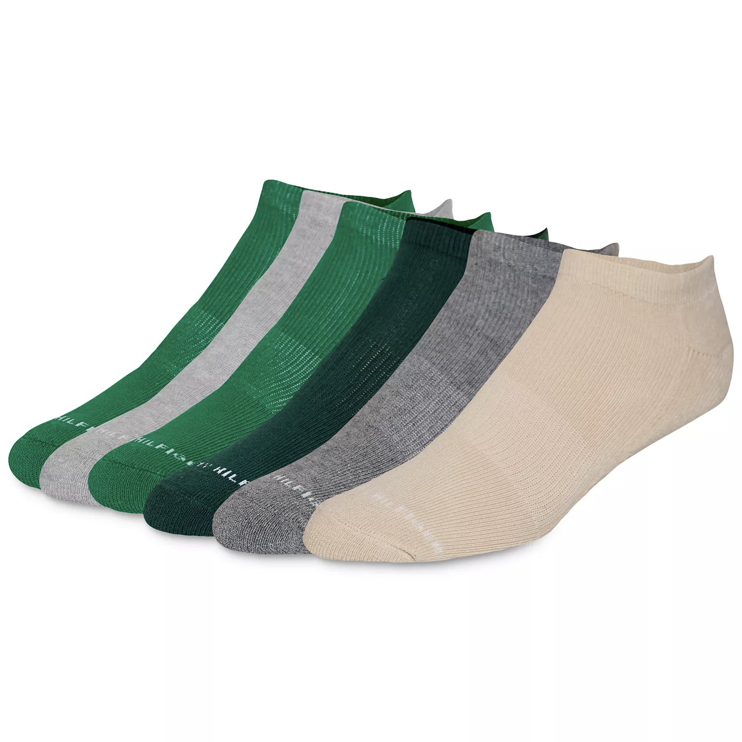 A set of five ankle socks in various colors: green, light gray, dark green, gray, and beige.