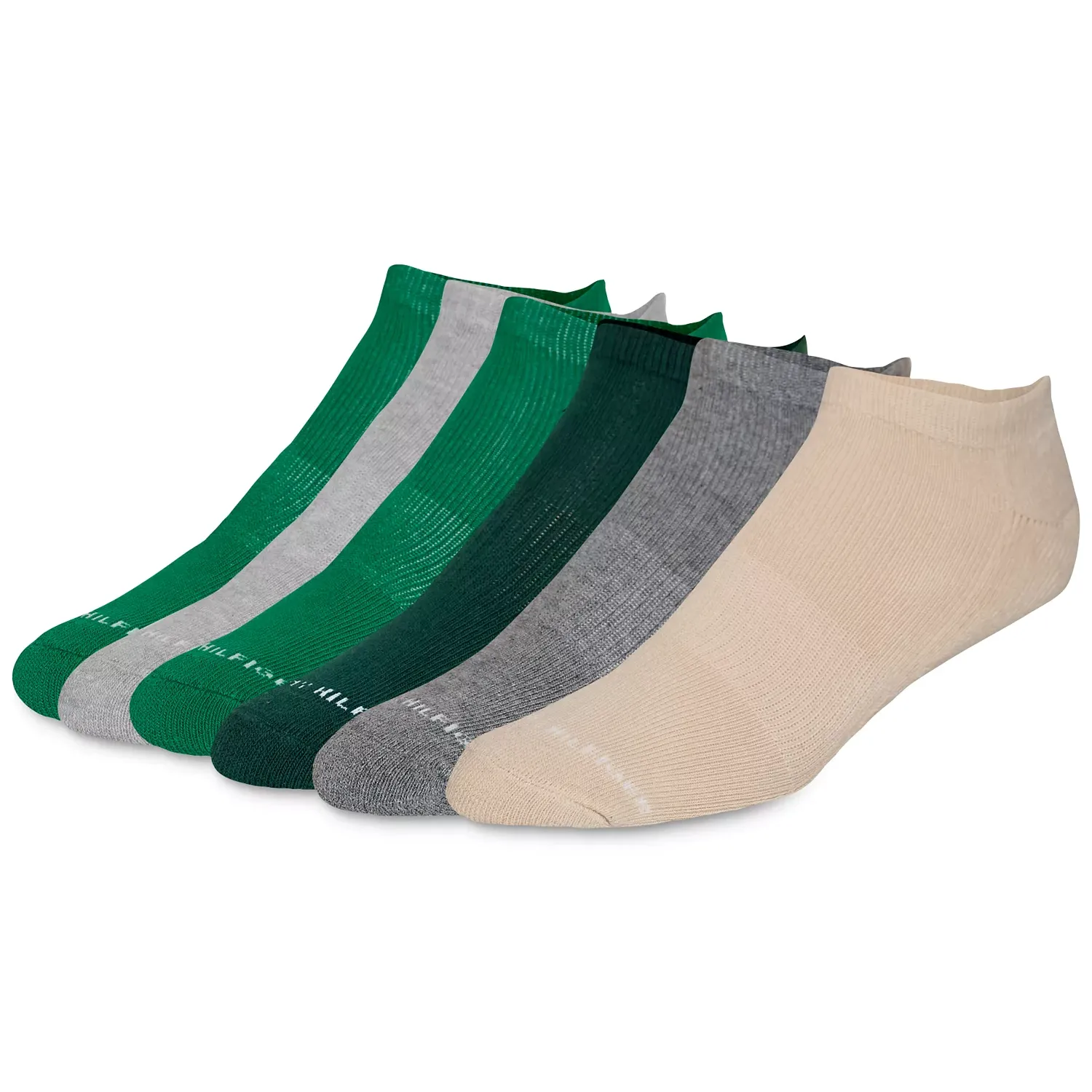 A set of five ankle socks in various colors: green, light gray, dark green, gray, and beige.