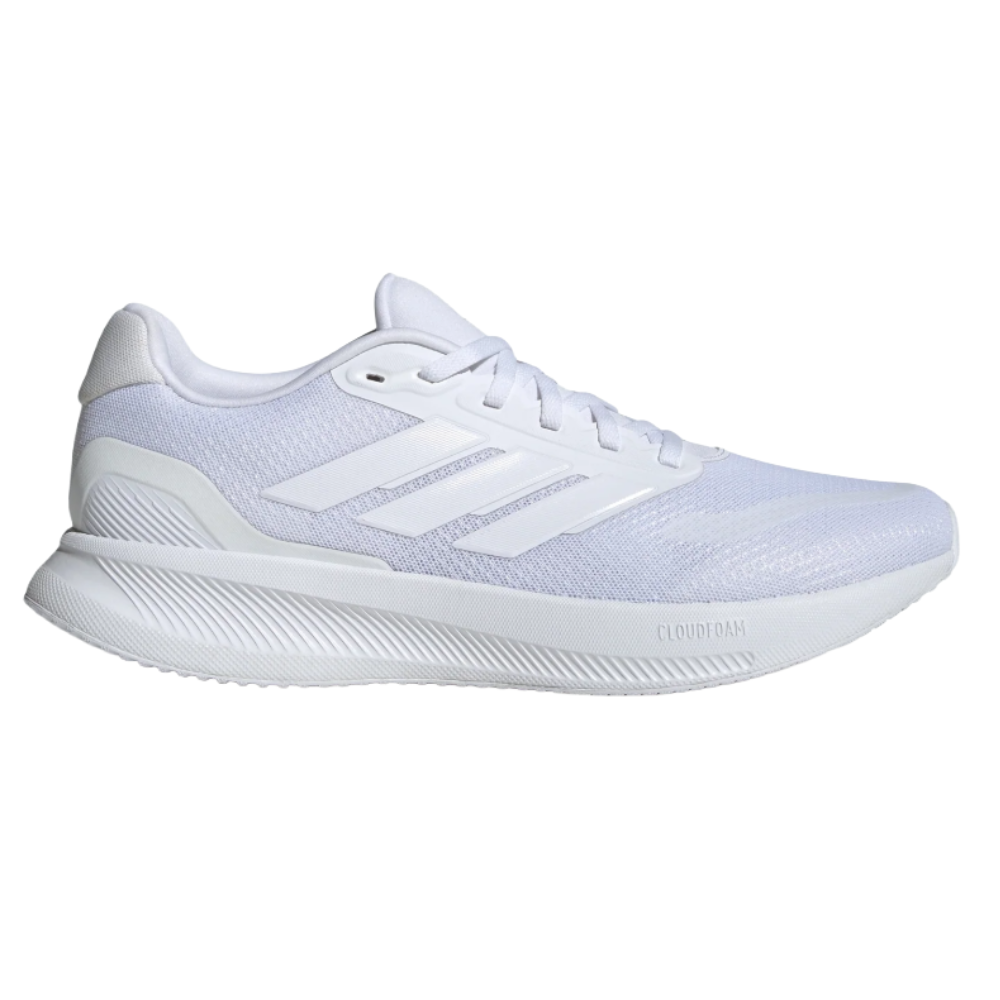 White Adidas running shoe with Cloudfoam cushioning and a breathable mesh upper, featuring the iconic three stripes design.