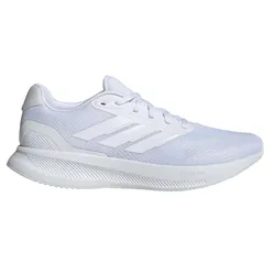 White Adidas running shoe with Cloudfoam cushioning and a breathable mesh upper, featuring the iconic three stripes design.