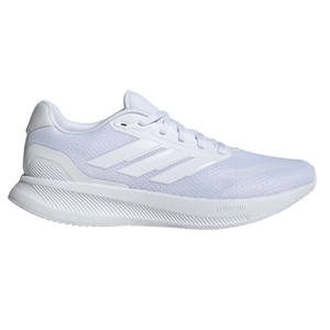 White Adidas running shoe with Cloudfoam cushioning and a breathable mesh upper, featuring the iconic three stripes design.