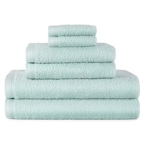 A stack of light blue towels in various sizes, with smaller towels on top and larger ones below, all featuring a textured design and bordered edges.