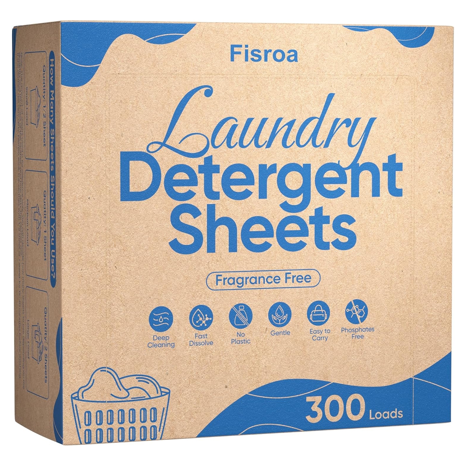 Fragrance-free laundry detergent sheets, 300 loads, offer deep cleaning, fast dissolve, no plastic, gentle on clothes, easy to carry, and phosphate-free.