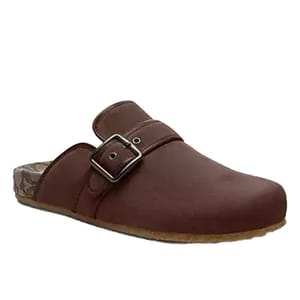 Men's suede clogs in brown with an adjustable strap featuring a metal buckle and a comfortable cork footbed, offering a classic and casual style.