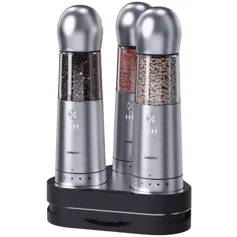 Electric salt and pepper grinder set with a sleek design, featuring stainless steel tops and a charging base.