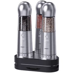 Electric salt and pepper grinder set with a sleek design, featuring stainless steel tops and a charging base.