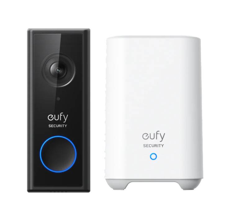 Eufy Security video doorbell and base station, featuring a black doorbell unit with a camera and a white base unit.
