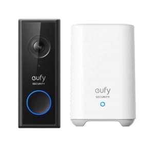 Eufy Security video doorbell and base station, featuring a black doorbell unit with a camera and a white base unit.