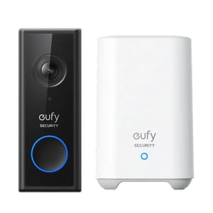 Eufy Security video doorbell and base station, featuring a black doorbell unit with a camera and a white base unit.