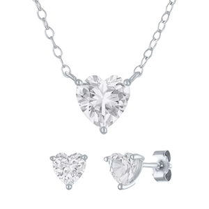 Heart-shaped lab white sapphire pendant necklace and matching stud earrings set in sterling silver with a prong setting, chain and butterfly back closures.