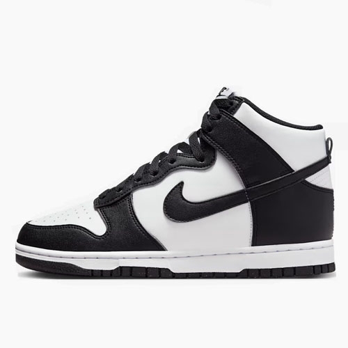 Black and white high-top sneaker with a Nike swoosh logo, featuring a lace-up design and contrasting panels.