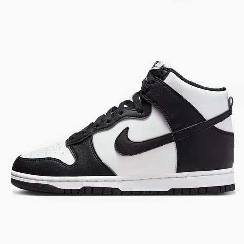 Black and white high-top sneaker with a Nike swoosh logo, featuring a lace-up design and contrasting panels.