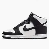 Black and white high-top sneaker with a Nike swoosh logo, featuring a lace-up design and contrasting panels.