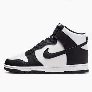 Black and white high-top sneaker with a Nike swoosh logo, featuring a lace-up design and contrasting panels.