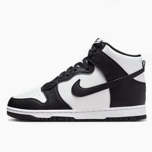 Black and white high-top sneaker with a Nike swoosh logo, featuring a lace-up design and contrasting panels.
