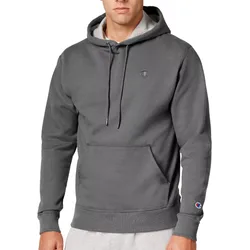 A gray hooded sweatshirt with a front pocket and drawstrings features a small logo on the chest and sleeve, paired with light gray sweatpants.