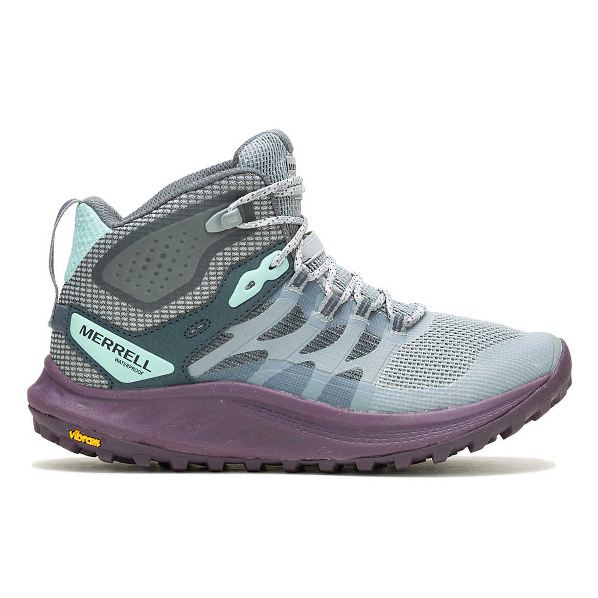 Merrell waterproof hiking shoe with a mesh design, gray and blue color scheme, featuring a Vibram sole for traction.