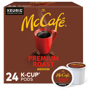McCafé Premium Roast Medium coffee available in a 24-count pack of Keurig K-Cup pods.