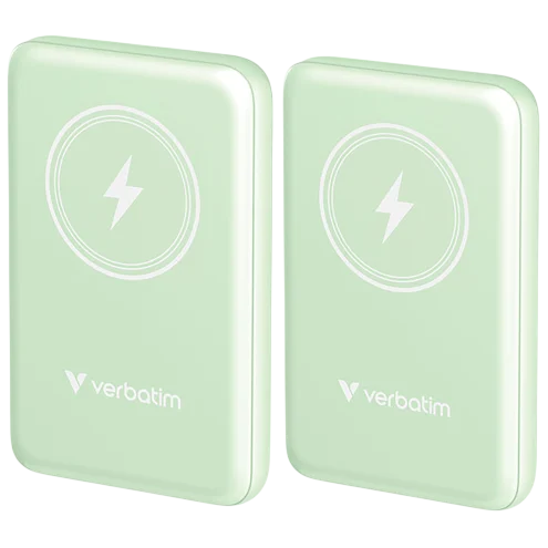 Two mint-green Verbatim wireless chargers with a lightning bolt symbol on top.