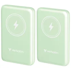 Two mint-green Verbatim wireless chargers with a lightning bolt symbol on top.