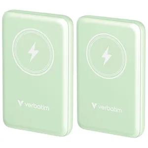 Two mint-green Verbatim wireless chargers with a lightning bolt symbol on top.