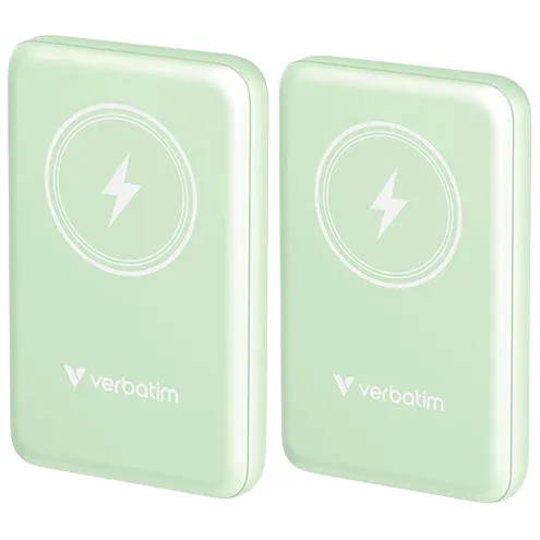 Two mint-green Verbatim wireless chargers with a lightning bolt symbol on top.