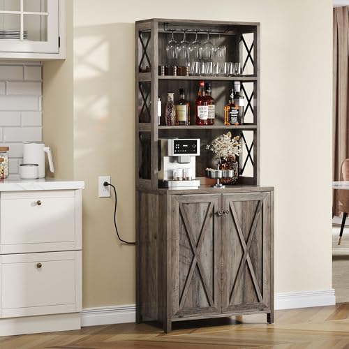A wooden farmhouse-style storage cabinet with a hutch features a crossed design on the lower doors, upper shelves with wine glass racks, and a countertop space.