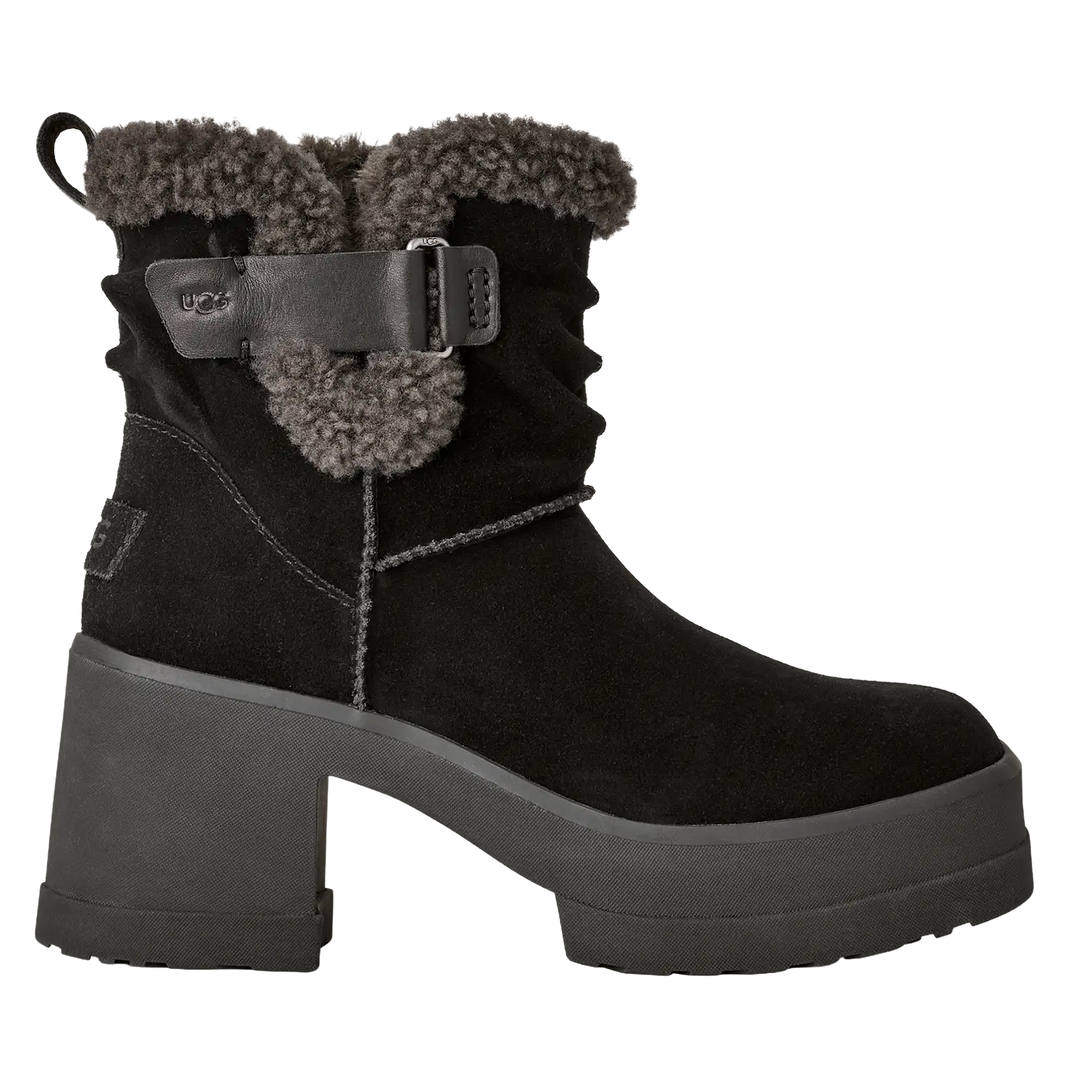 Black suede boot with a chunky heel, shearling collar, and a buckle strap detail.
