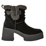 Black suede boot with a chunky heel, shearling collar, and a buckle strap detail.