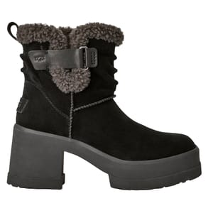 Black suede boot with a chunky heel, shearling collar, and a buckle strap detail.