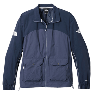 A two-tone blue The North Face windbreaker features a full zip, two front buttoned pockets, and logo branding on the front and sleeve.