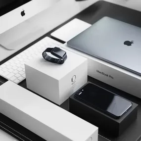 Apple devices including an iPhone, MacBook Pro, smartwatch, and accessories, arranged on a table.