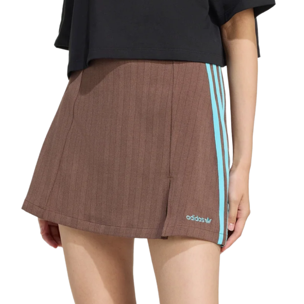 Brown skirt with light blue stripes along the side, featuring the Adidas logo at the hem.