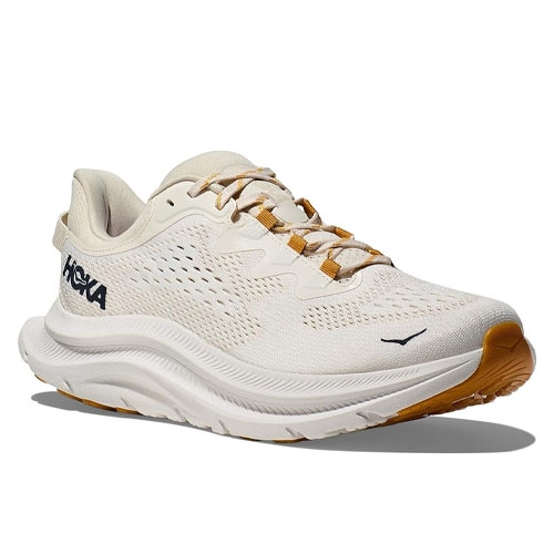 Hoka Men's Kawana 2 Shoes in white feature a sleek design with breathable mesh, a cushioned midsole for comfort, and a durable rubber sole. They have a distinctive striped lace design and the Hoka logo on the side.