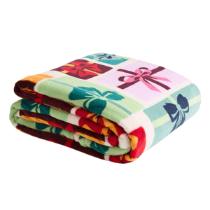A colorful fleece blanket featuring a pattern of gift bows and squares in various colors, including pink, green, red, and blue.