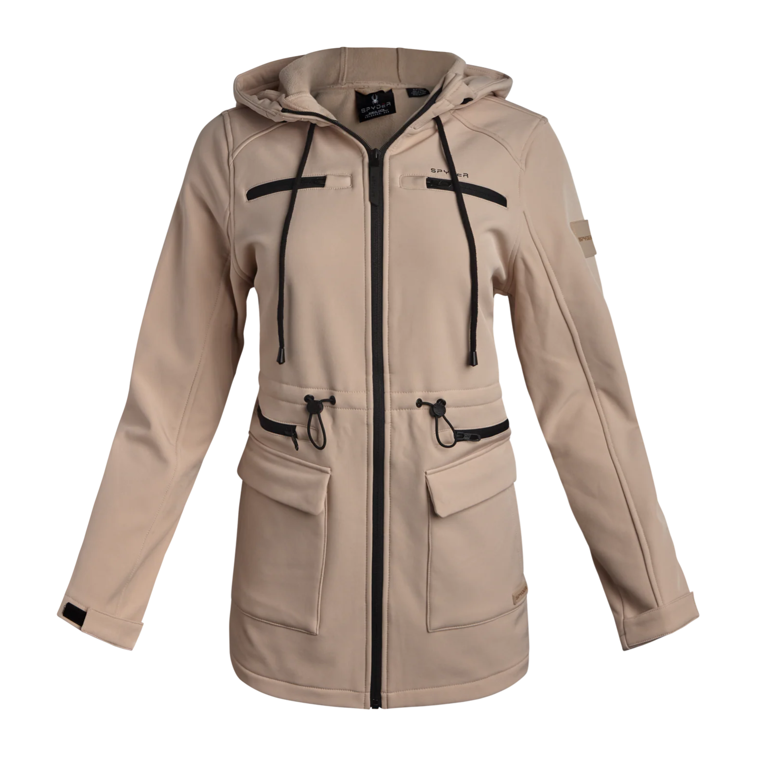 Beige hooded jacket with black drawstrings, zipper closure, and multiple pockets. Features adjustable cuffs and waist toggles for fit.