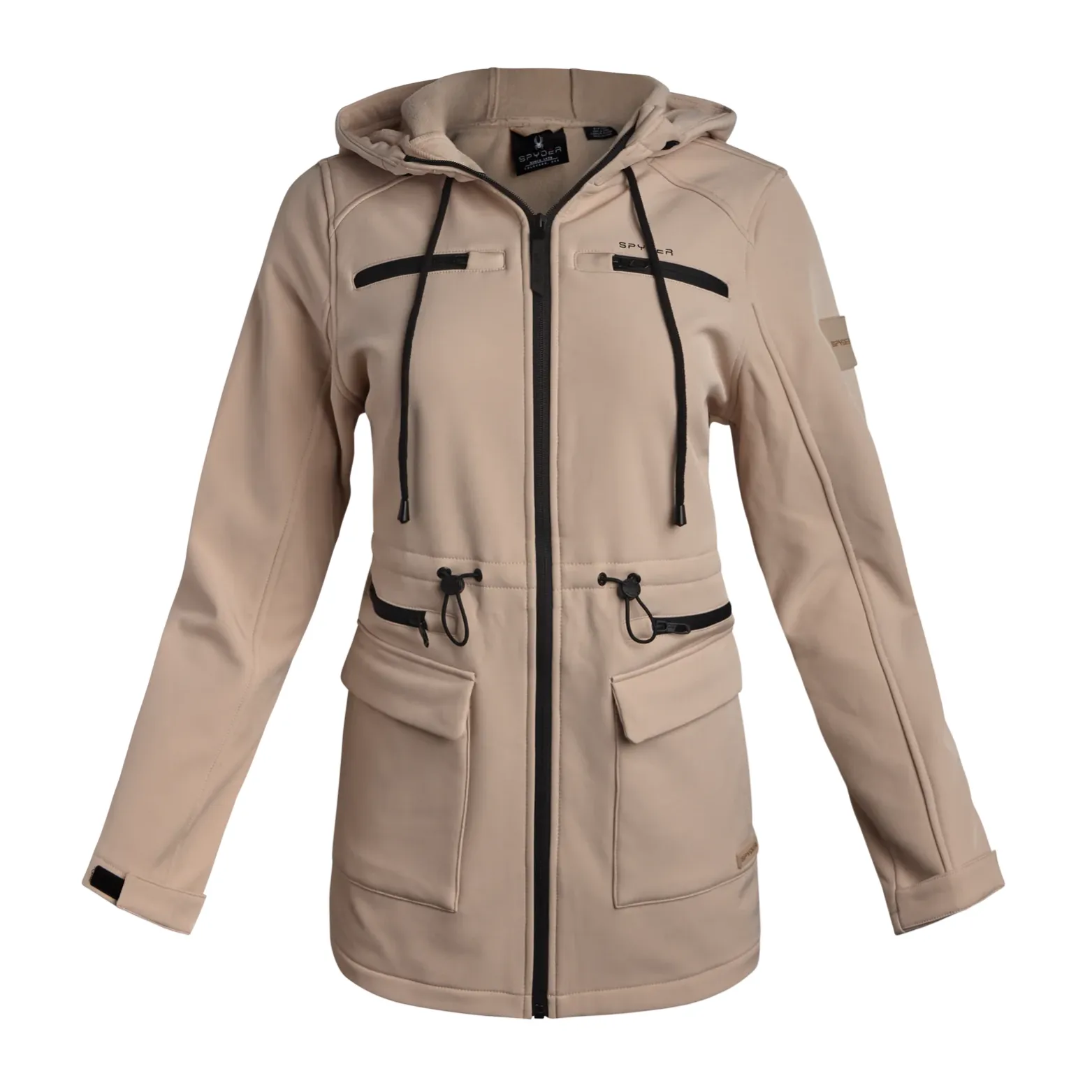 Beige hooded jacket with black drawstrings, zipper closure, and multiple pockets. Features adjustable cuffs and waist toggles for fit.