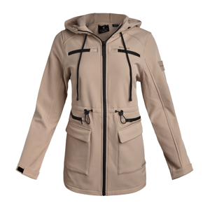 Beige hooded jacket with black drawstrings, zipper closure, and multiple pockets. Features adjustable cuffs and waist toggles for fit.