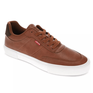 Levi's Men's Retro Low-Top Sneakers feature a brown leather upper with a contrasting white rubber sole and laces, and a small red Levi's logo tag on the side.