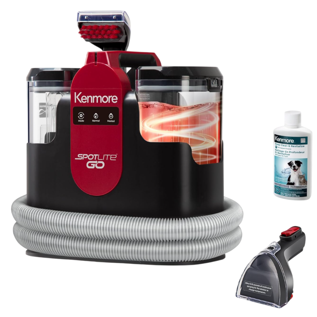 Kenmore Spotlite GO portable carpet cleaner with a coiled hose, heated cleaning modes, and a brush attachment, accompanied by a bottle of deep clean and revitalize solution for pets.