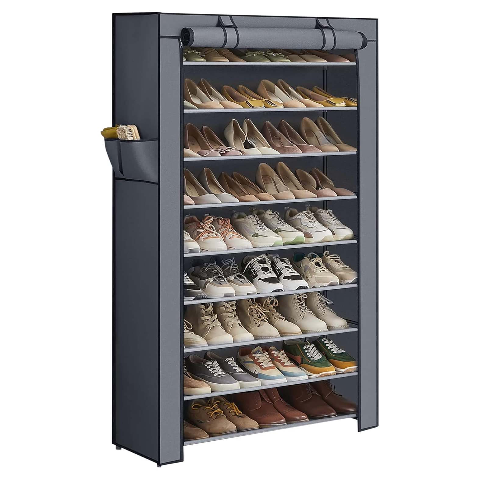 A 9-tier shoe rack with a grey fabric cover and roll-up front flap, holding various types of shoes, including sneakers and heels. Side pockets are attached for accessories.