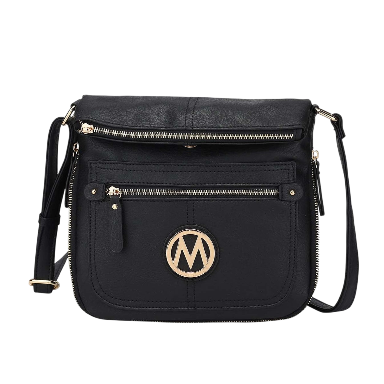 A black crossbody bag with gold-tone zipper accents and a circular emblem featuring an \“M\“ on the front pocket, equipped with an adjustable strap.