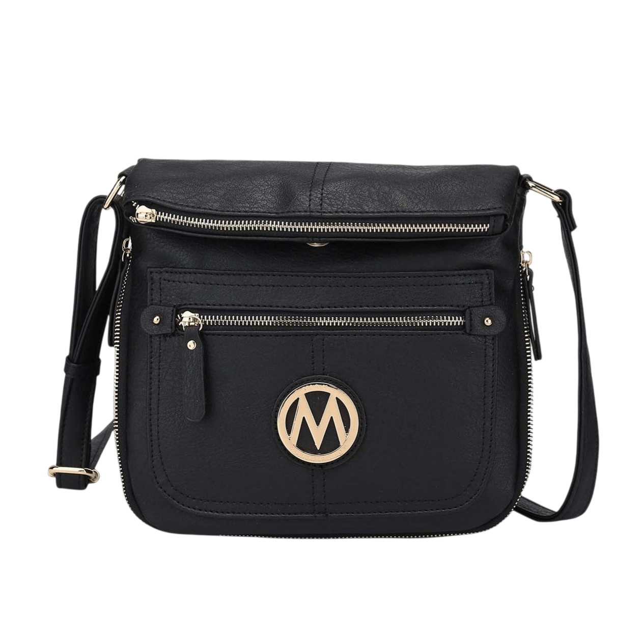 A black crossbody bag with gold-tone zipper accents and a circular emblem featuring an \“M\“ on the front pocket, equipped with an adjustable strap.