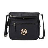A black crossbody bag with gold-tone zipper accents and a circular emblem featuring an \“M\“ on the front pocket, equipped with an adjustable strap.