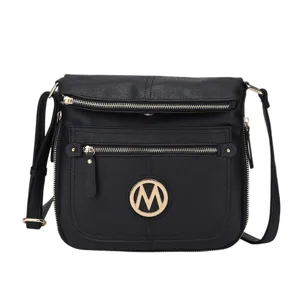 A black crossbody bag with gold-tone zipper accents and a circular emblem featuring an \“M\“ on the front pocket, equipped with an adjustable strap.