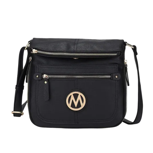 A black crossbody bag with gold-tone zipper accents and a circular emblem featuring an \“M\“ on the front pocket, equipped with an adjustable strap.