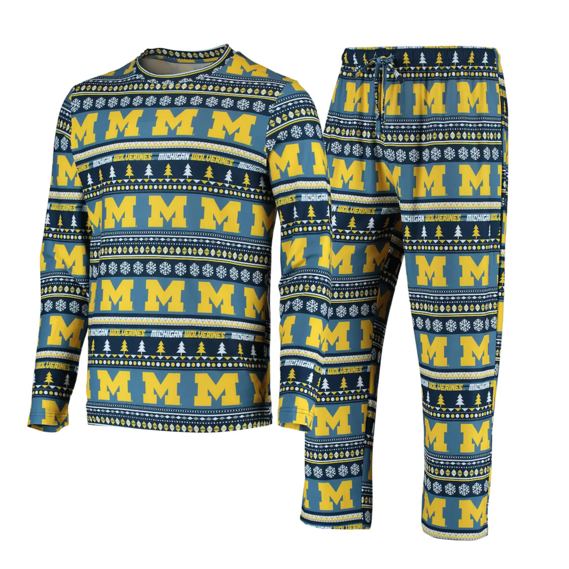 A pajama set featuring a blue and yellow Michigan Wolverines design, with repeating \“M\“ logos, snowflakes, and trees.