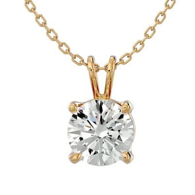 A yellow gold necklace featuring a 1-carat round moissanite stone in a four-prong setting, attached to a delicate chain.