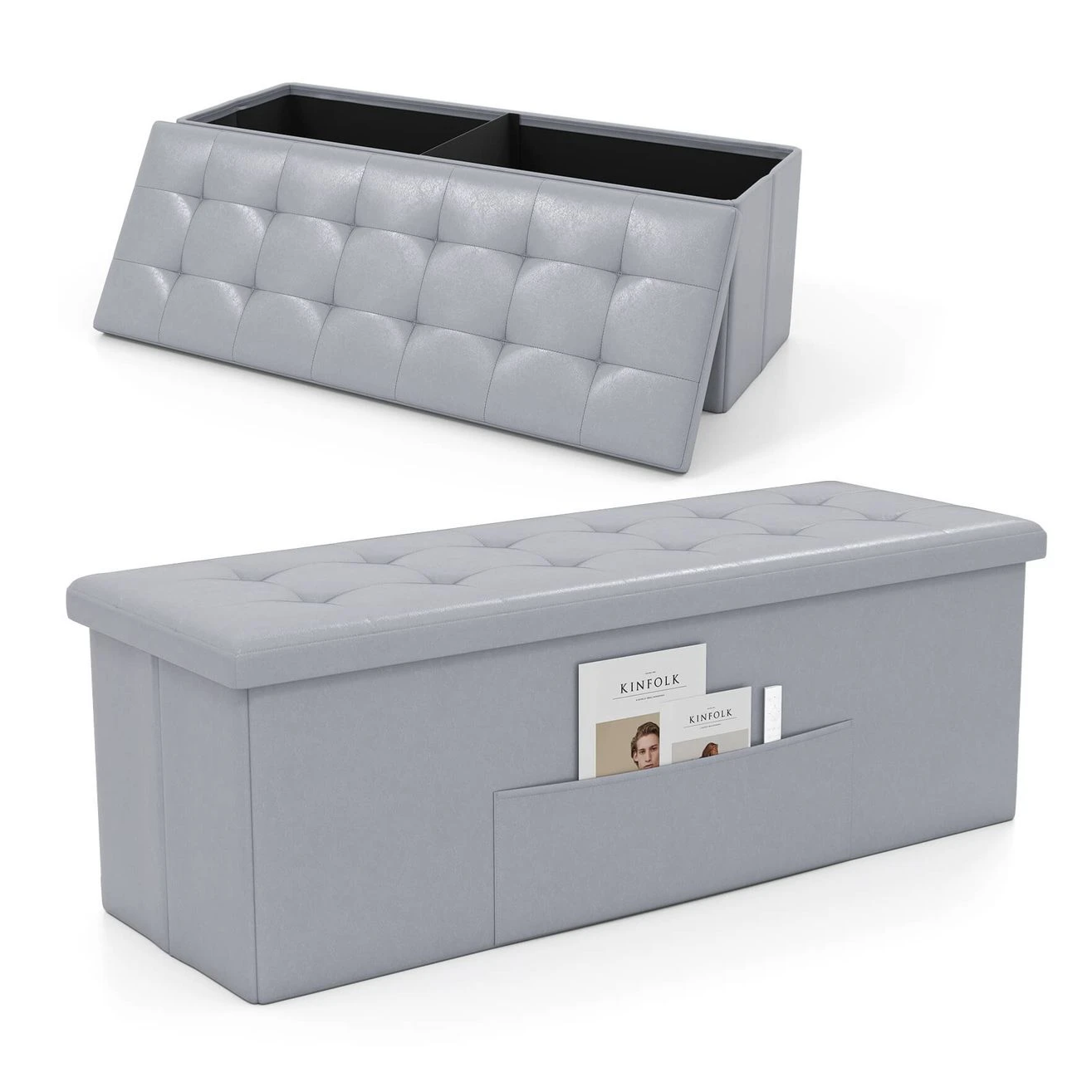 A gray tufted ottoman with storage compartments and a side magazine pocket is shown.