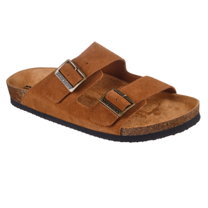 Brown Skechers sandal with two adjustable suede straps, cork footbed, and black outsole.